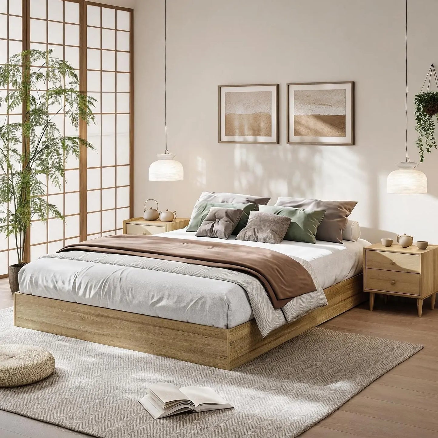 Garvee Living Room Bed Frame Easy Sturdy Assembly Bedroom Frames with Low Profile Design Eco-Friendly Bed Wood Slats Support Home Furniture Without Headboard