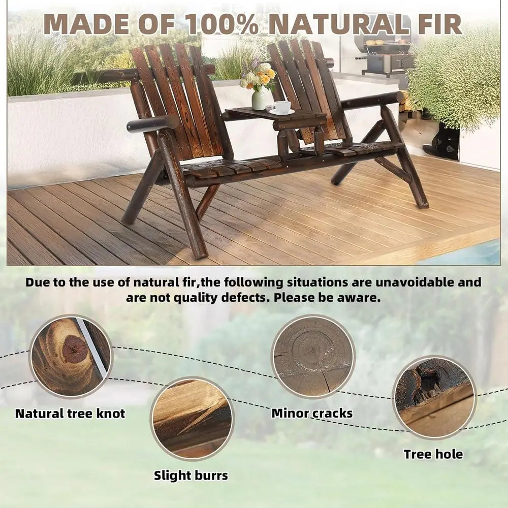 Rustic 2-Person Wooden Adirondack Bench Set with Loveseat and Built-in Table for Patio, Garden, or Poolside