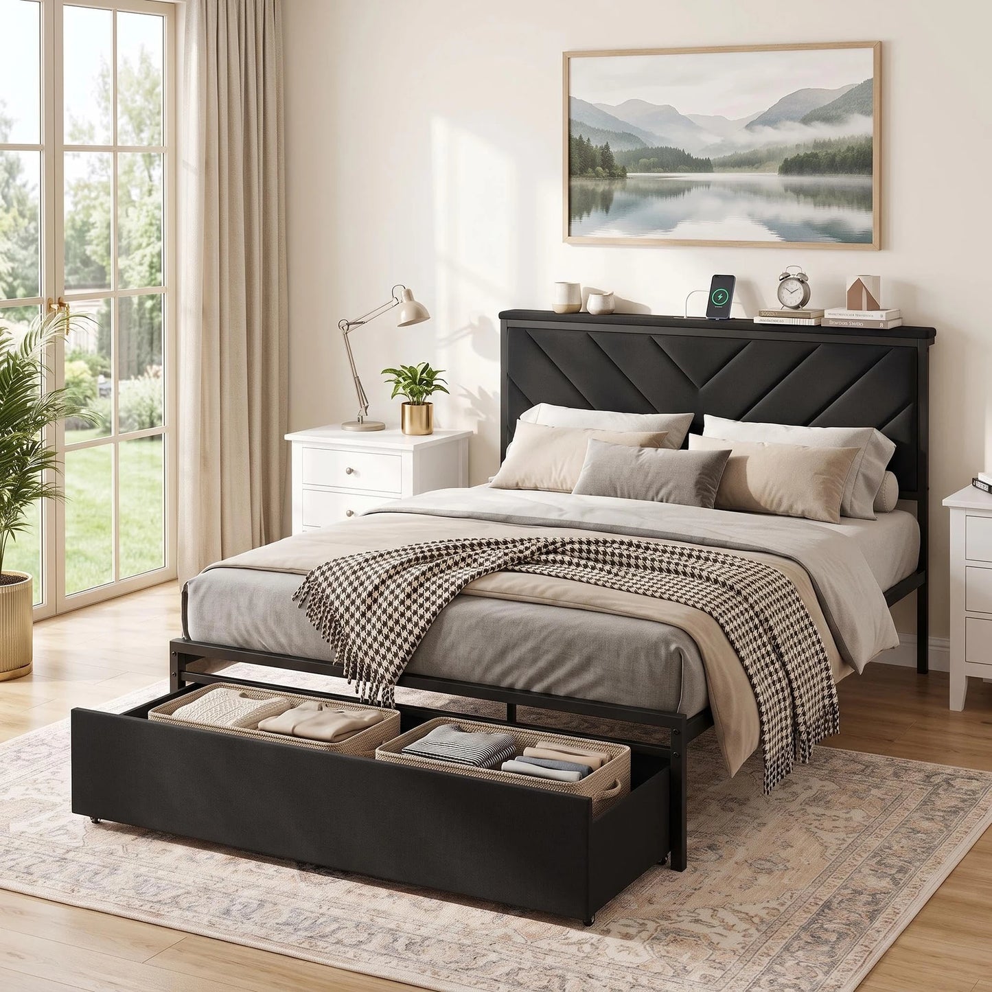 Twin Full Queen Upholstered Metal Platform Bed Frame With Storage Drawers, Headboard Charging Station, V-Pattern, No Box Spring