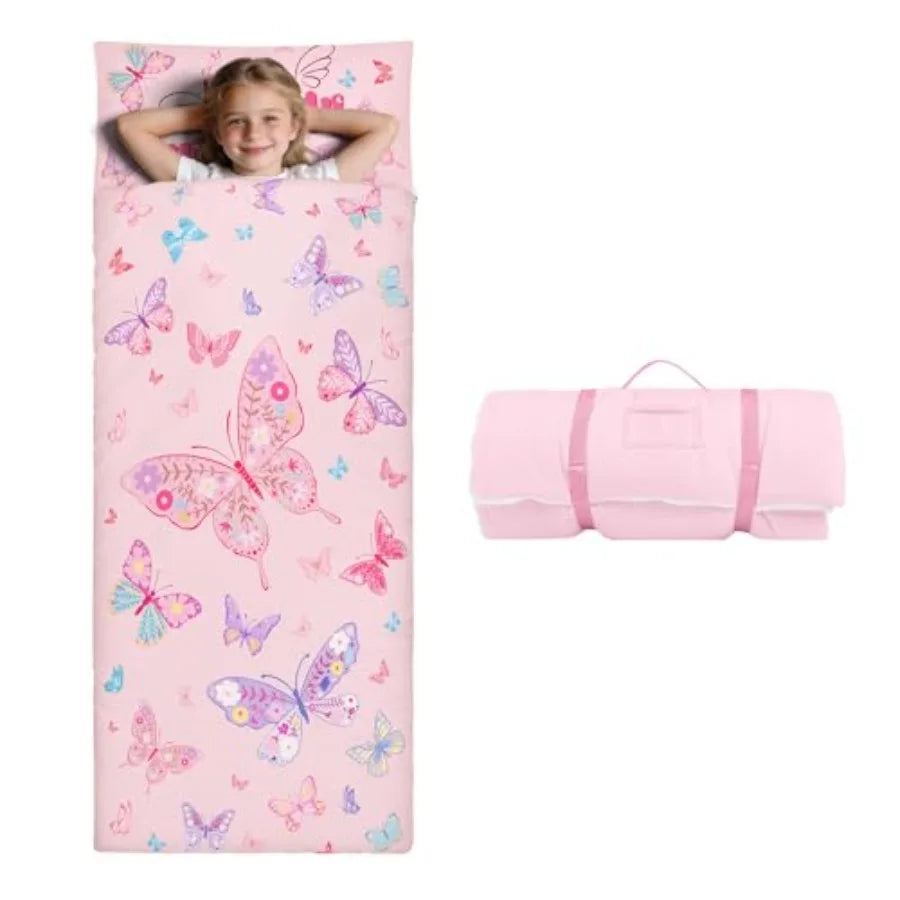 Sleeping Bag Toddler Nap Mat with Removable Pillow Large Foldable Sleeping Bag for Girls Boys Easy Clean Slumber Bag with Doubl