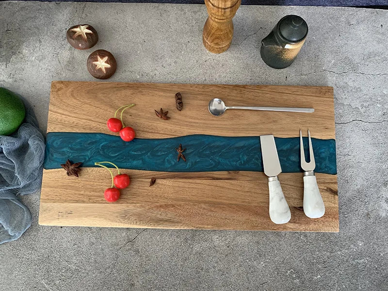 Expoxy Resin Blue River Pattern Charcuterie Board for Bread Vegetable Fruit Meat Acacia Wood Decorative Board Challah Board