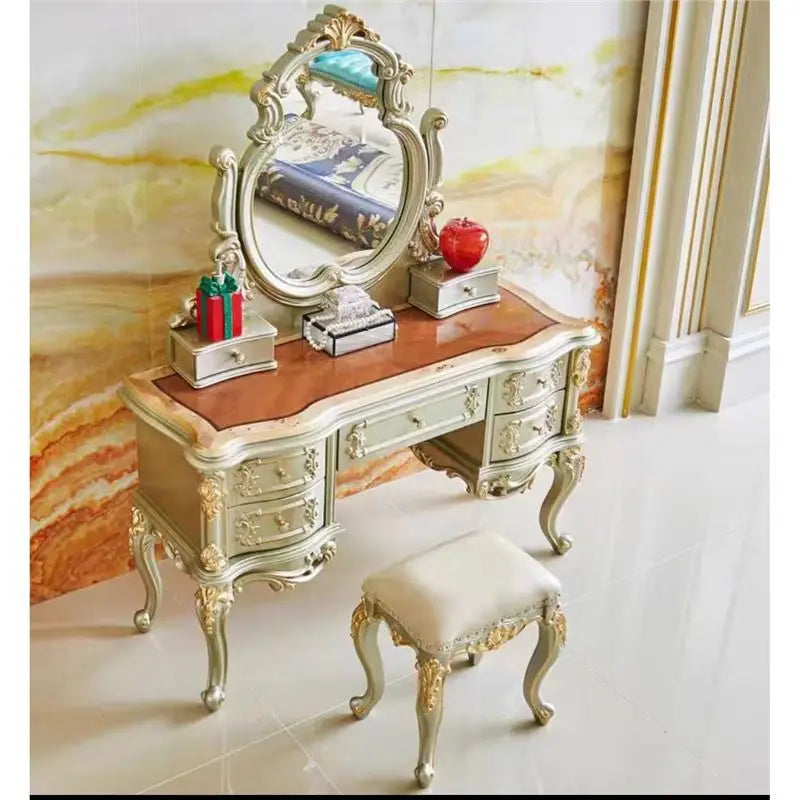 European dresser solid wood carving flower princess bedroom dressing table assembly dark retro American dressing table small apa
