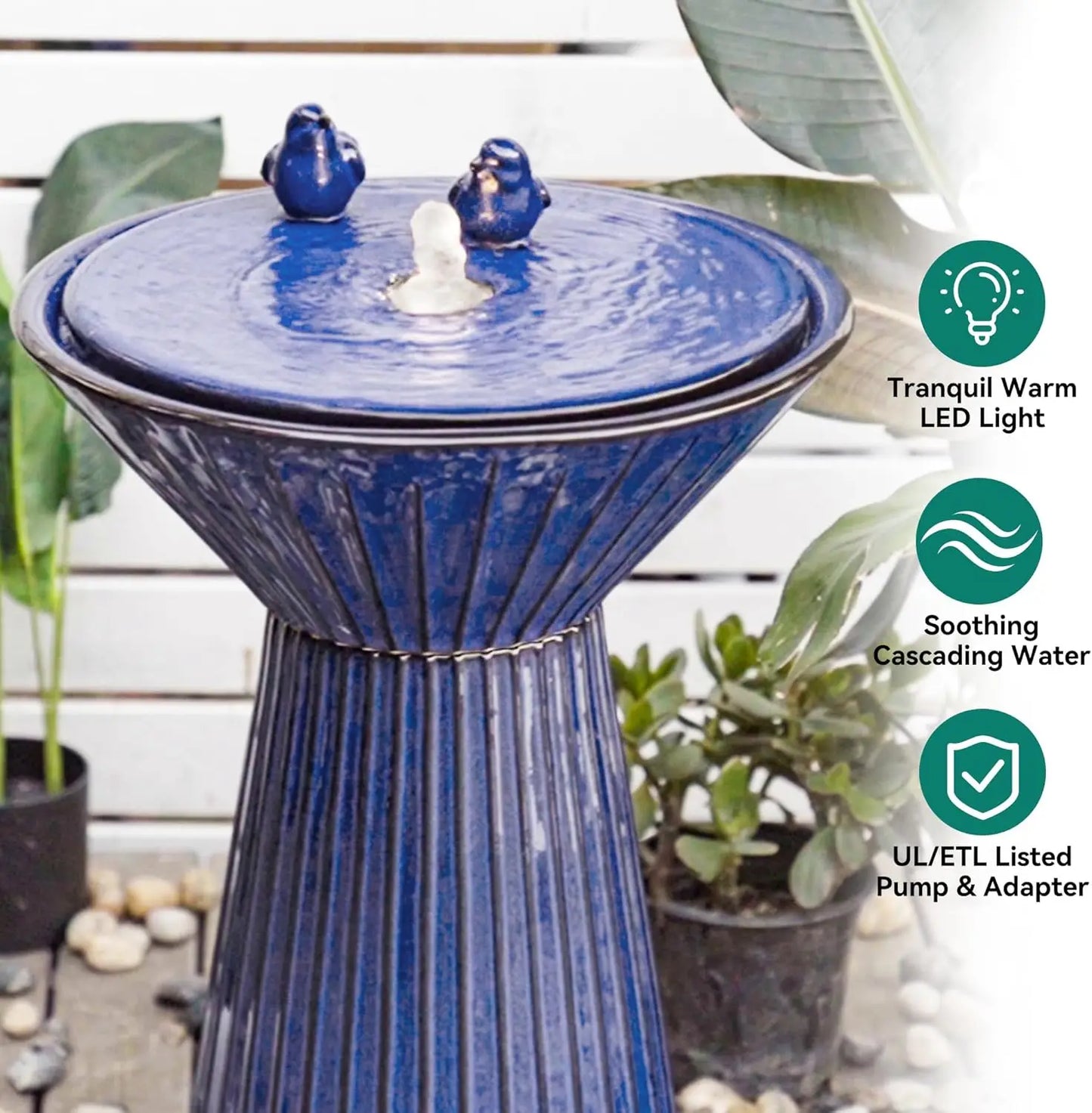 28" Tall Ceramic Outdoor Fountain and Waterfalls, Patio Fountain with LEDs, Birdbath for Outside, Soothing Water Feature for Rel