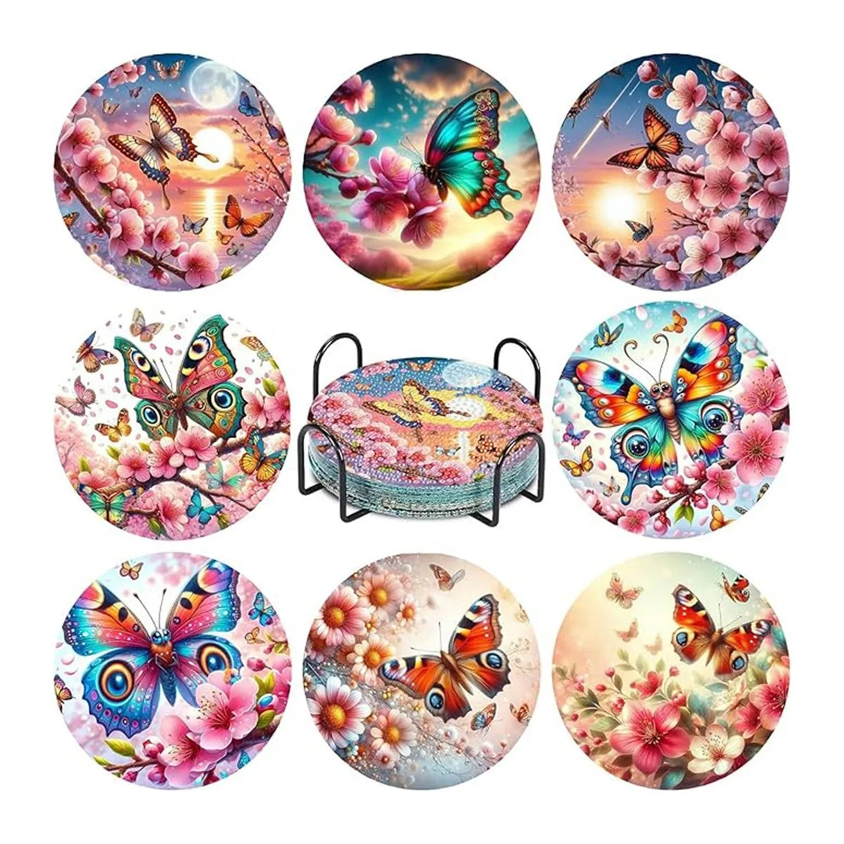 8 pieces/set of dog, beach, lighthouse pattern diamond painted coaster set, sparkling rhinestone heat-resistant beverage mat wit