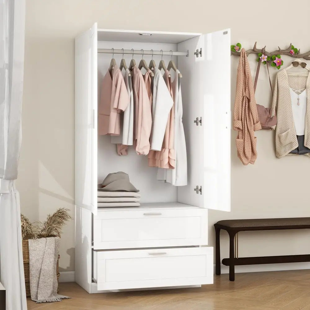 Modern 2 Doors 2 Drawers Bedroom Armoires Wardrobe Clothes Storage Closet with Hanging Rod, Wooden Bedroom Freestanding Wardrob