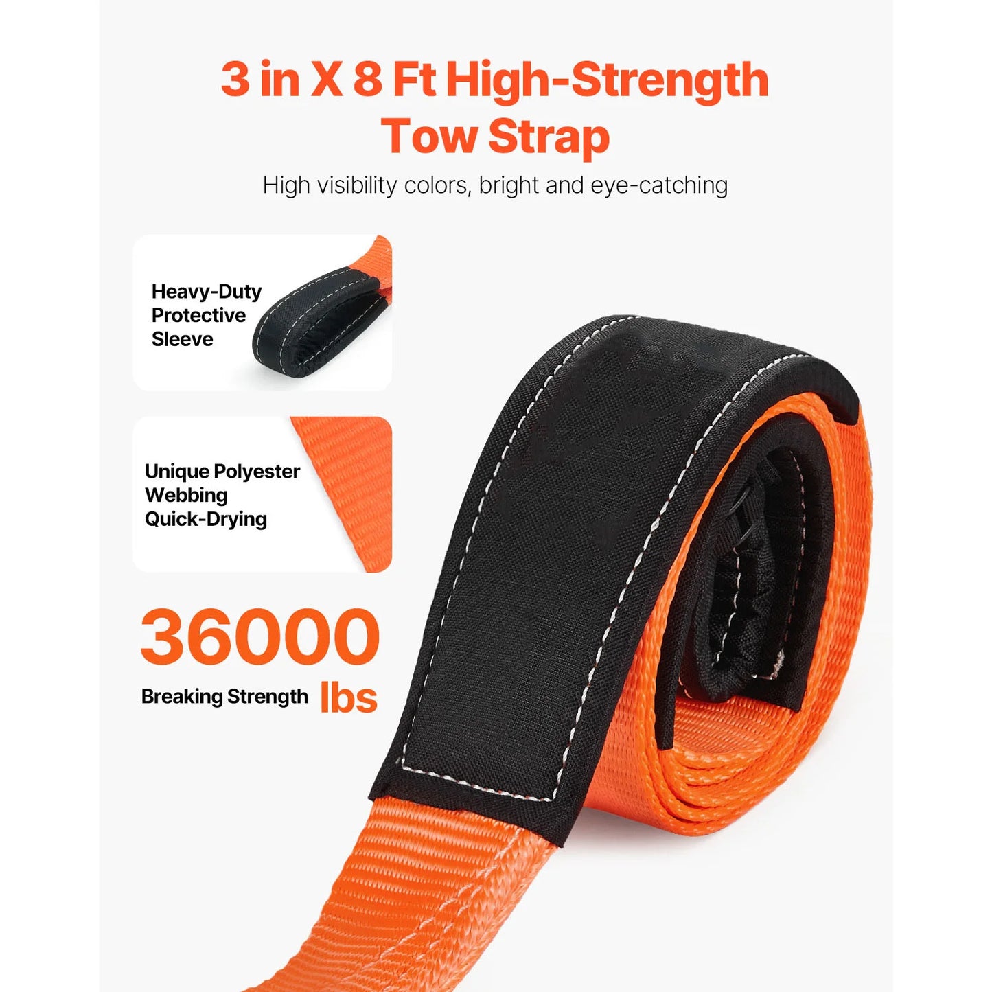 SucceBuy 36000 lbs Recovery Tow Strap 3inx8ft Winch Line Extension Strap Reinforced Loop Straps for Off Road Towing & Tree Saver