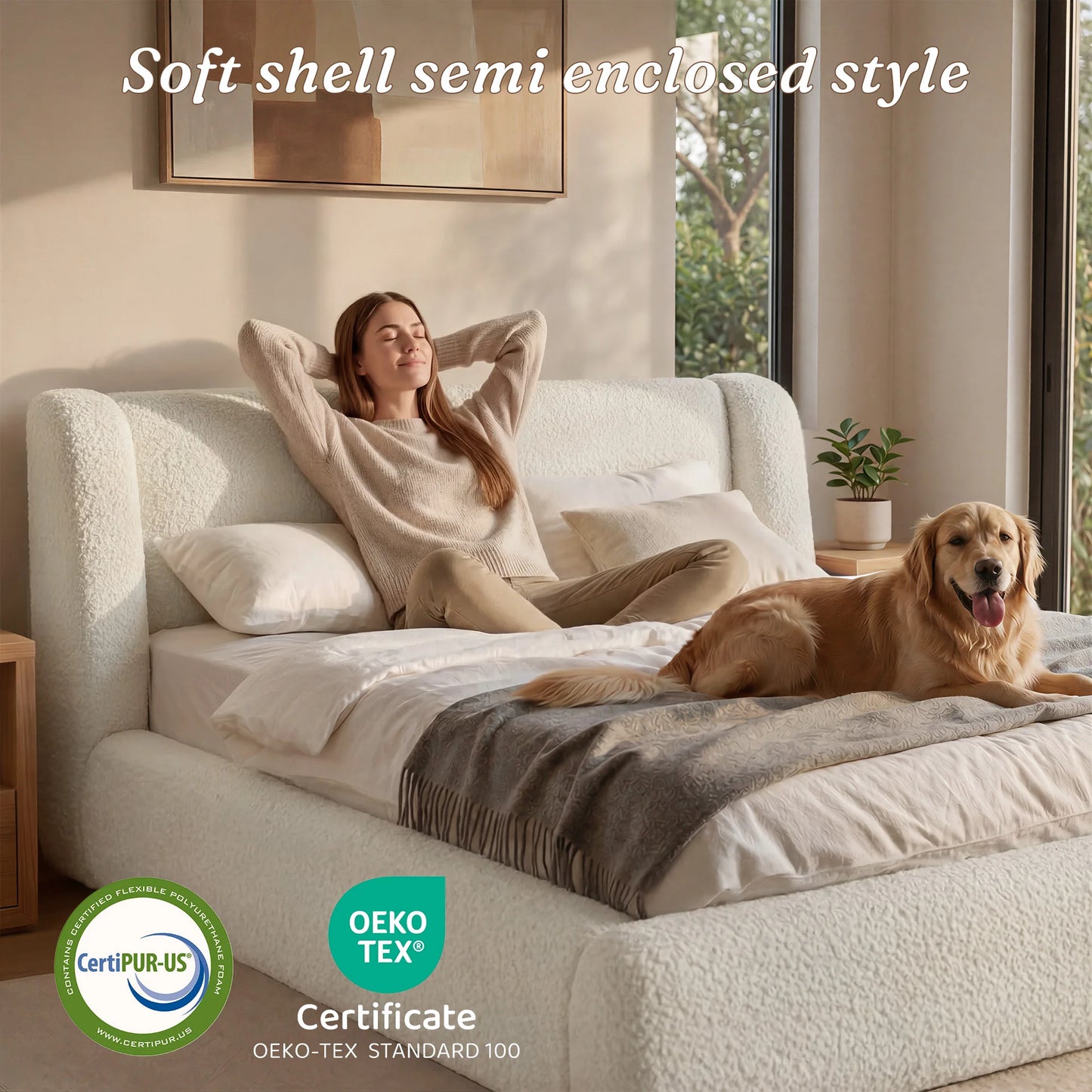 EnHomee Upholstered Cloud Bed Frame With Plush Wingback Headboard