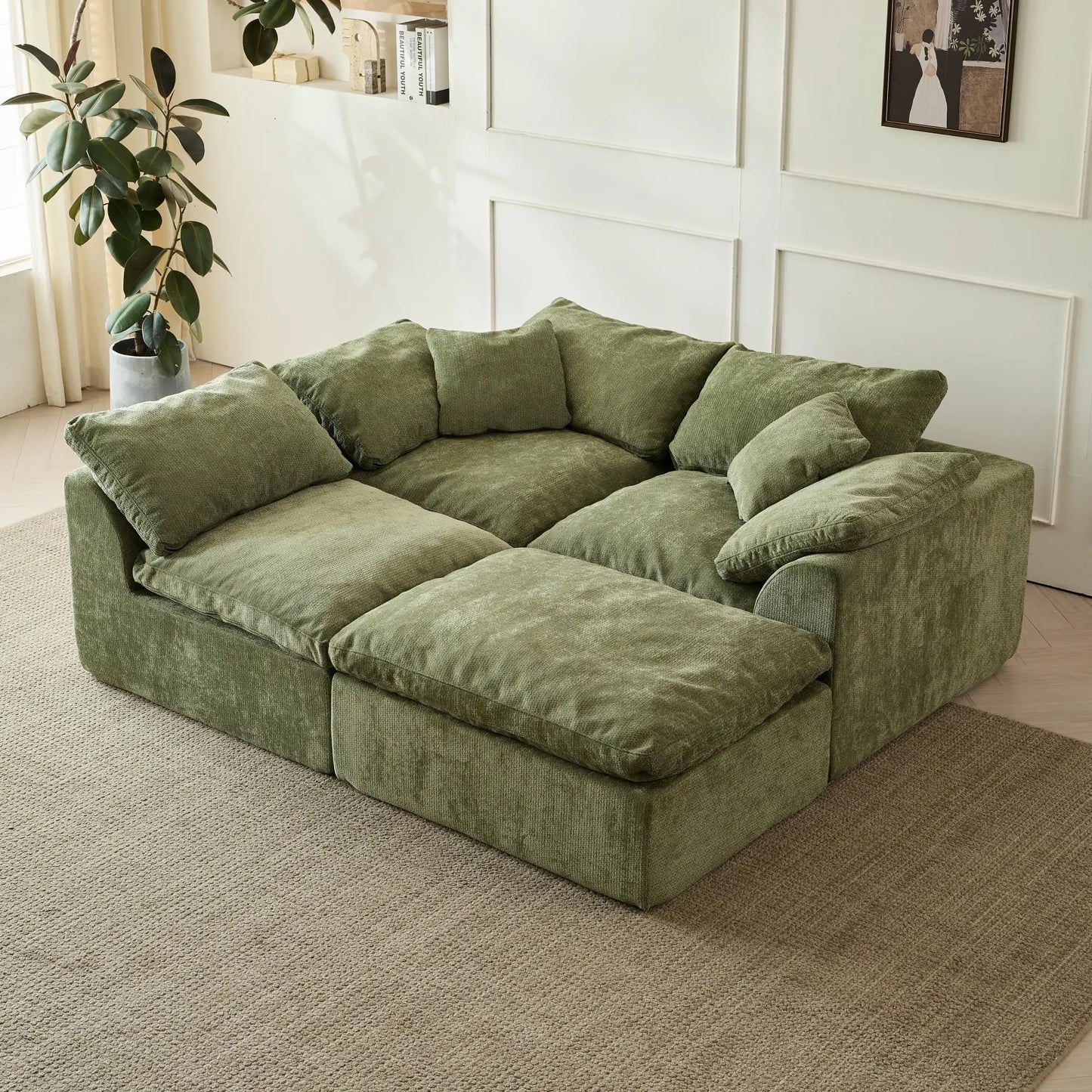 Modern L Shaped Chenille Sectional Sofa With Ottoman