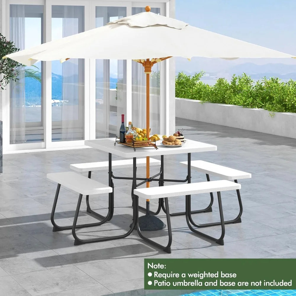 4-8 Person Square Picnic Table Bench Set with Umbrella Hole, Outdoor Camping Table HDPE Material Metal Frame for Patio Garden