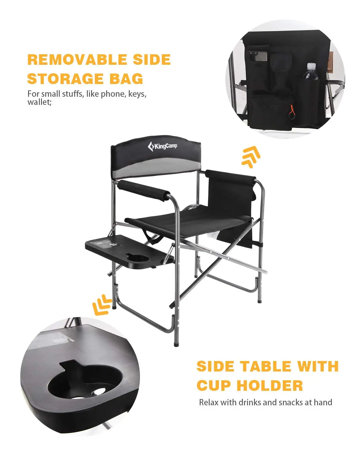 Heavy Duty Folding Camping Chair with Side Table Pockets for Outdoor Sports Fishing, Custom