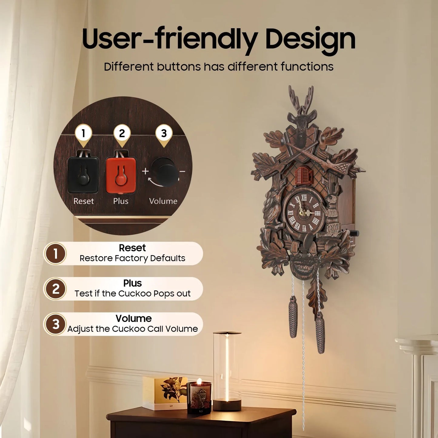 Forest Theme Cuckoo Clock, Adjustable Volume Retro Wall Clock for Home and Holiday Decoration