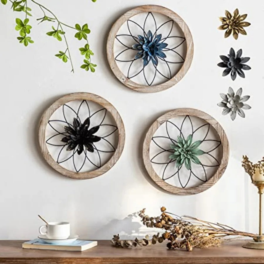 3 Pcs Round Farmhouse Wall Decor with 6 Pcs Interchangeable Flowers 12'' Medallion Wood and Metal Rustic Wall Art for Living Ro