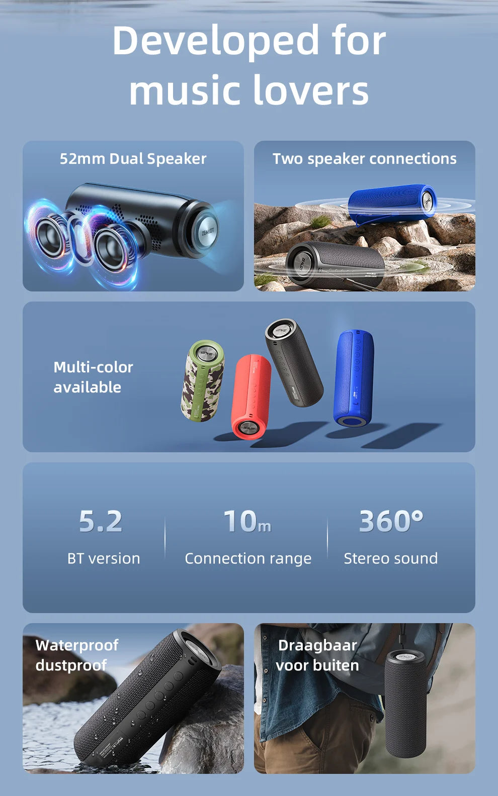 Zealot-S51 Protable Bluetooth Speaker Enhanced Bass Portable Speaker with 12H Playtime,  IPX5 Waterproof for Camping