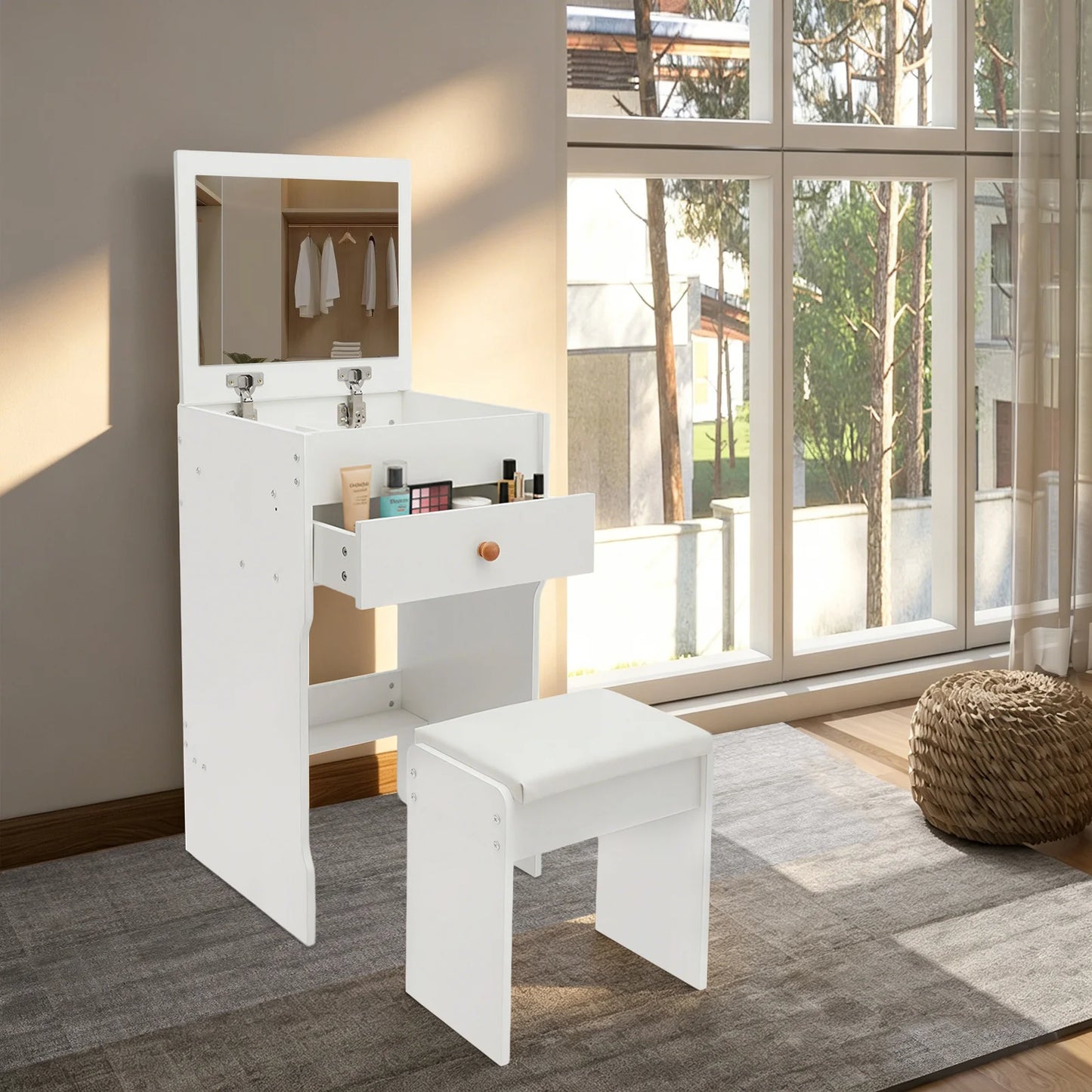 Vanity Dressing Table with Mirror and Stool 15.8" White Compact Storage Desk for Bedroom Dormitory Studio Apartment