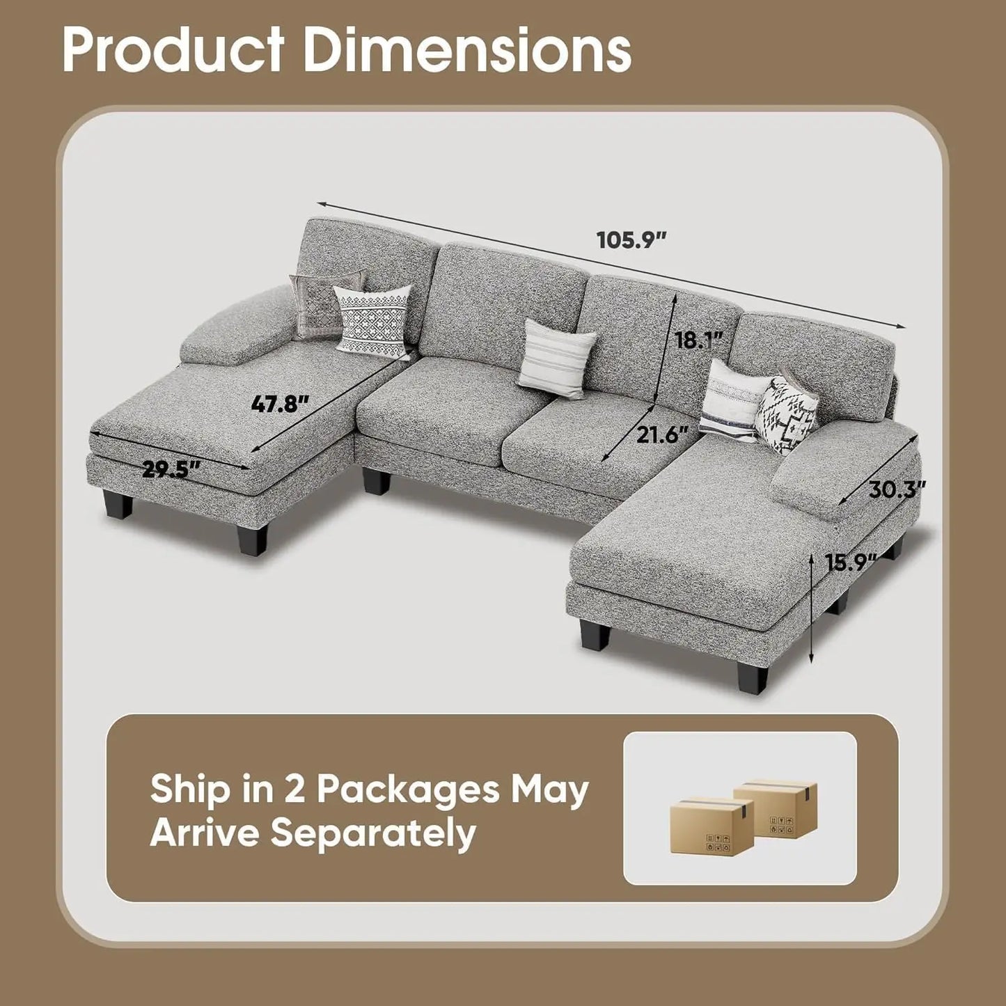 Sectional Couches for Living Room, U-Shaped Sofa Couch with Linen Fabric, 4 Seat Sofa Set with Double Chaise for, Custom