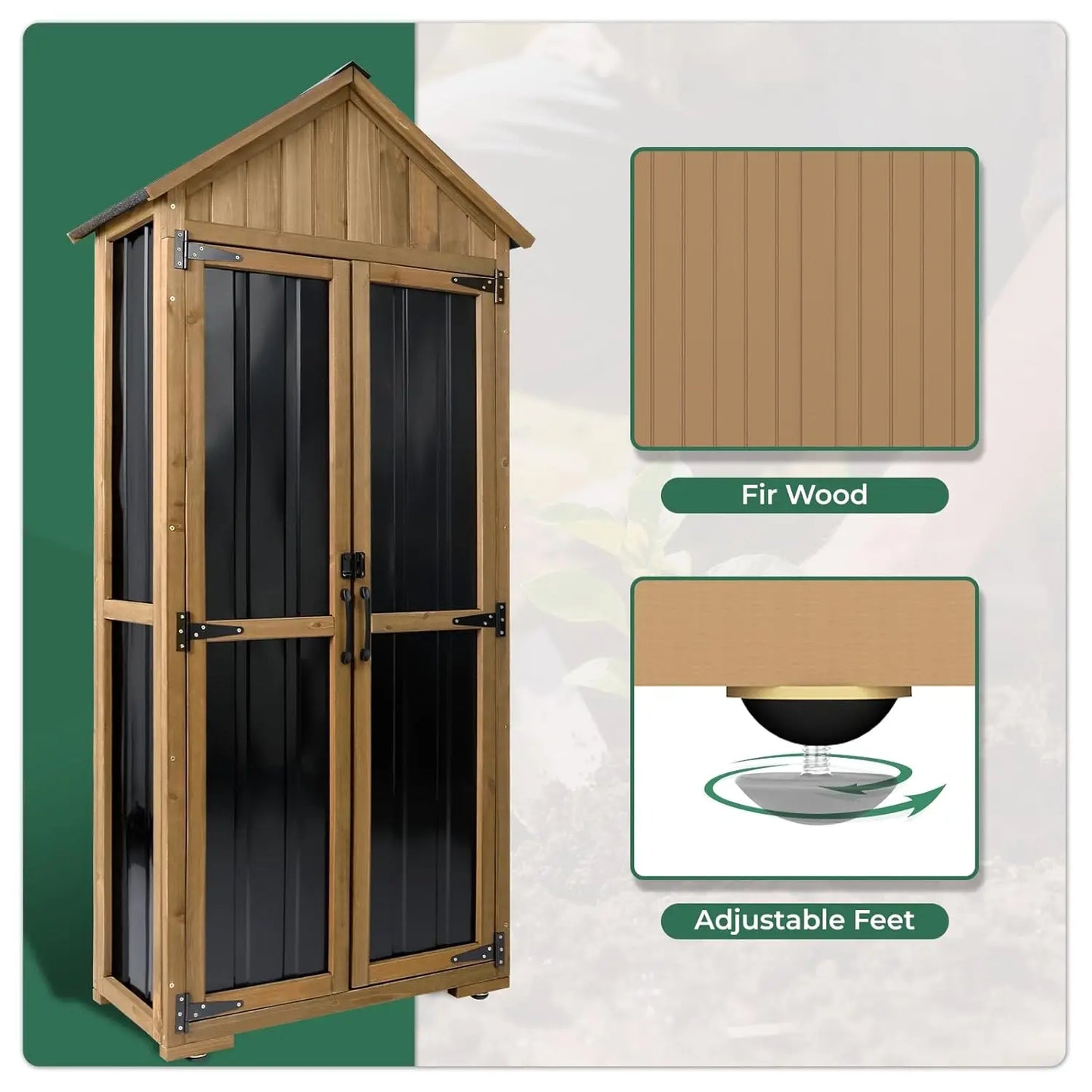 Wood & Metal Outdoor Storage Cabinet with Lockable Doors & Sloping Roof for Patio Backyard Garden Tool, Brown, Custom