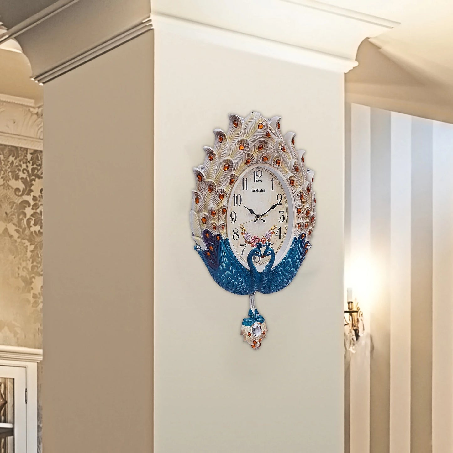 Blue Peacock Wall Clock,Silent Wall-mounted Metal Pendulum Clock 37*60cm with Luxury Crystal for Living Room,Hallways