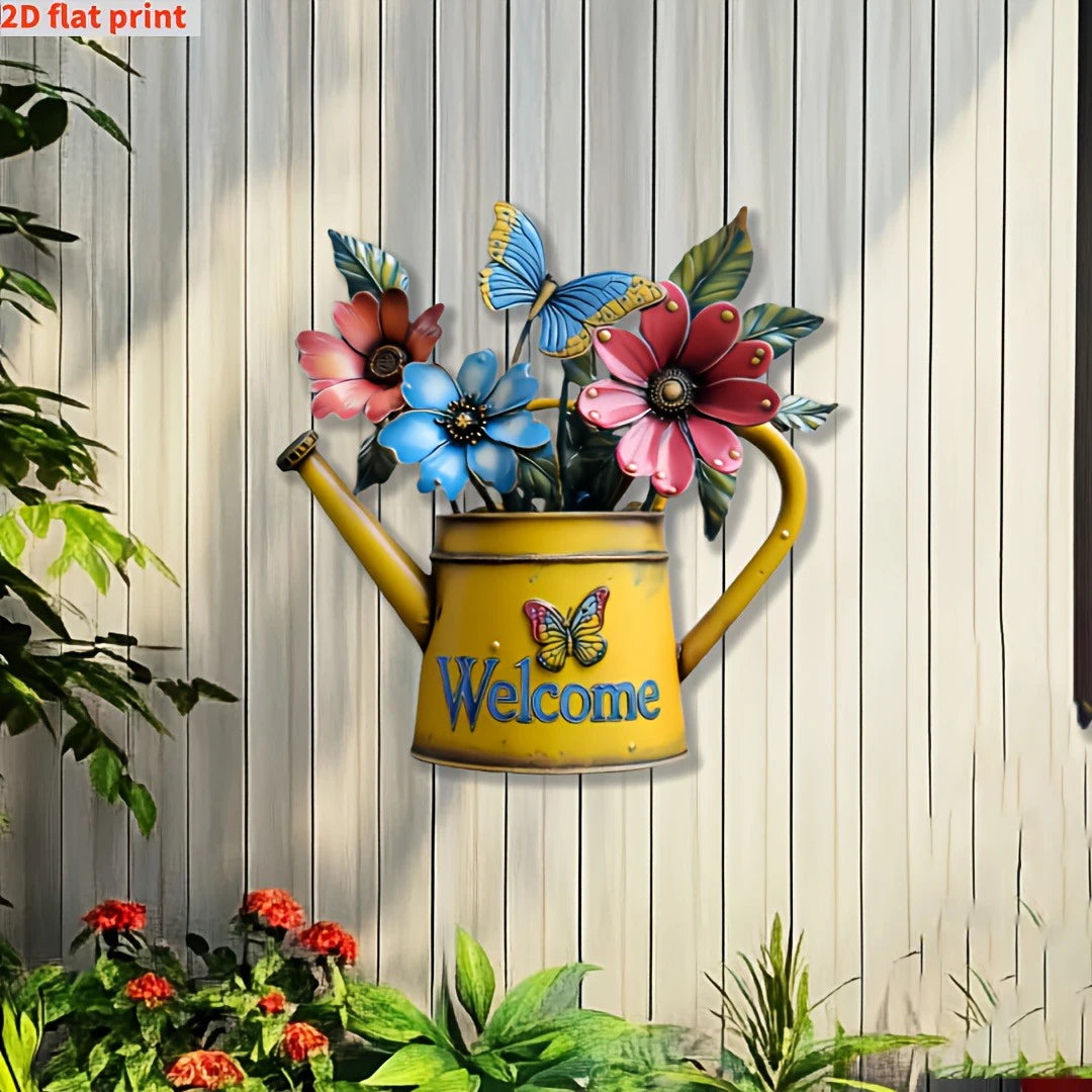 2D Flat, 1pc Rustic Iron Watering Can with Flowers & Butterflies Wall Art - Print Metal Outdoor Decor for Porch, Patio, Garden