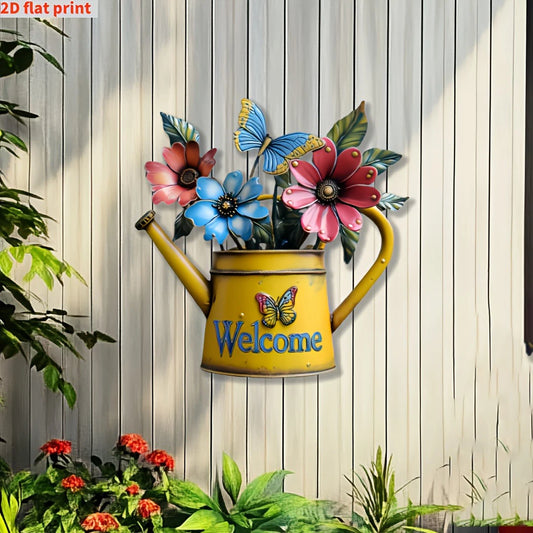2D Flat, 1pc Rustic Iron Watering Can with Flowers & Butterflies Wall Art - Print Metal Outdoor Decor for Porch, Patio, Garden