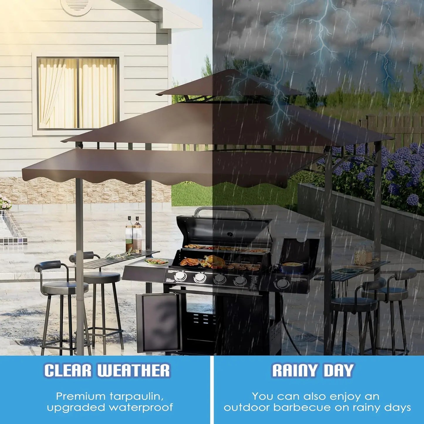 8x8x5 FT BBQ Grill Gazebo Outdoor, Double Tired Patio Canopy Tent with Side Awning Shelves, Barbecue Shelter with, Customized