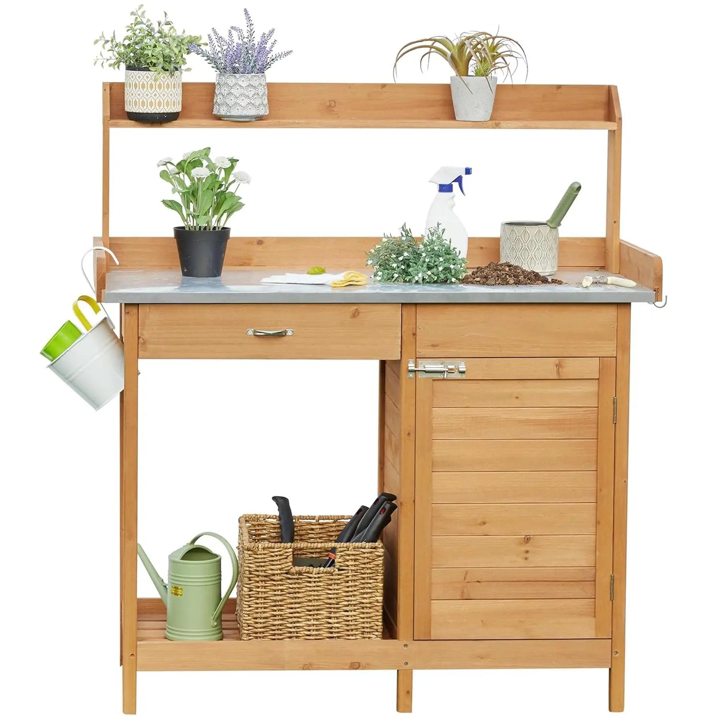 Outdoor Garden Workbench, Garden Worktable with Metal Tabletop, Cabinet Drawers, Open Countertop, Customizable