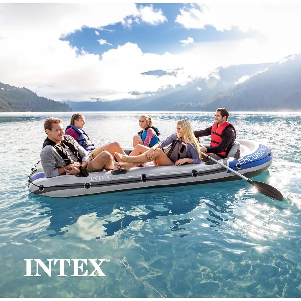 Excursion 5 Person Inflatable Outdoor Fishing Raft Boat Set with 2 Aluminum Oars and Air Pump with a Composite Motor Mount Kit