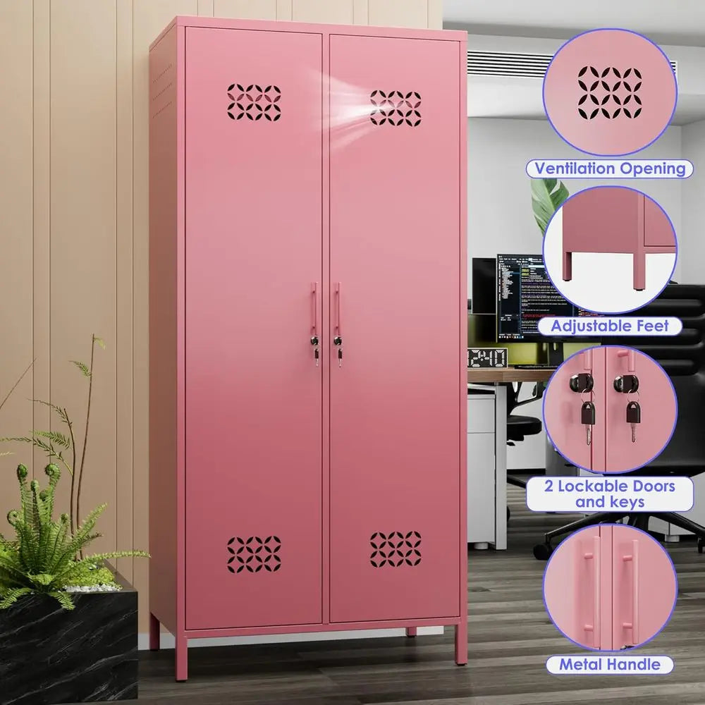 19 Deep Metal Wardrobe with 4 Shelves and 2 Hanging Bars, Pink, Assembly Required