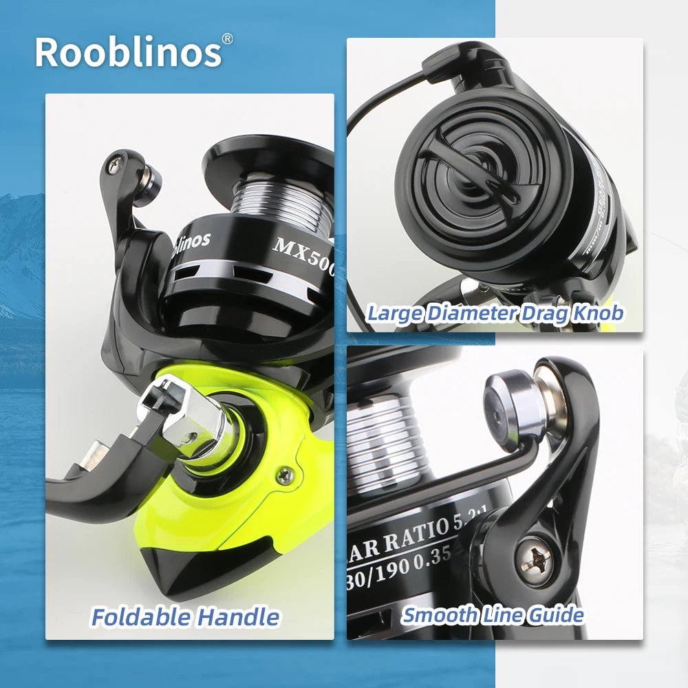 Rooblinos MX Spinning Fishing Reel 5.2:1 Gear Ratio Lightweight Smooth Drag Anti-Reverse for Saltwater Freshwater