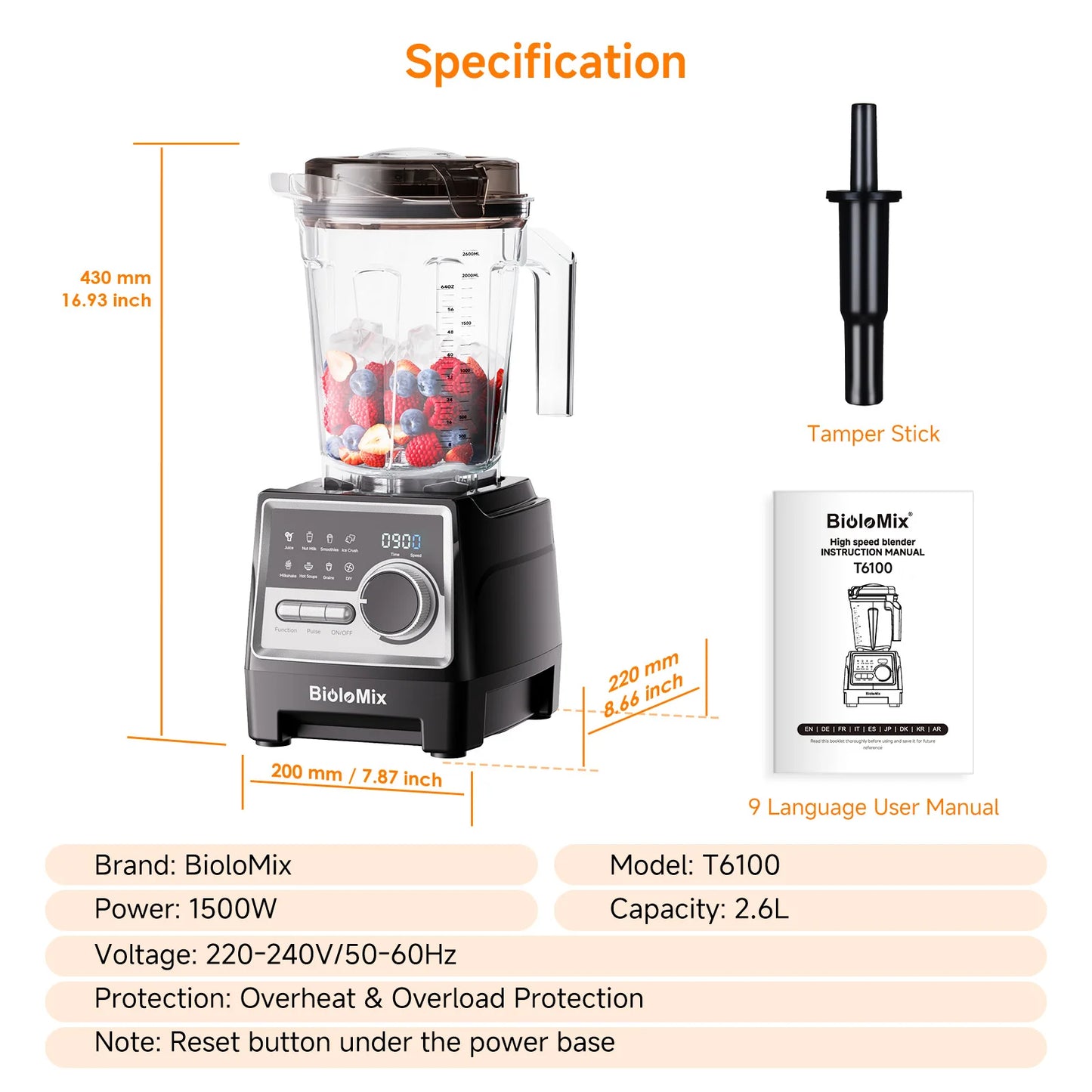 BioloMix 1500W Professional Blender With 2.6L BPA Free Jar With 6 Blades, 7 Preset Program for Smoothies, Shakes, Nut Milk