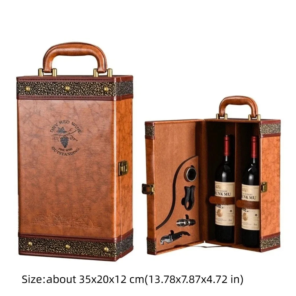 New PU Leather Wine Gift Box with Tools with Handle Portable Carrier Tote with 4 Accessories Set Red Wine Storage Box Gifts