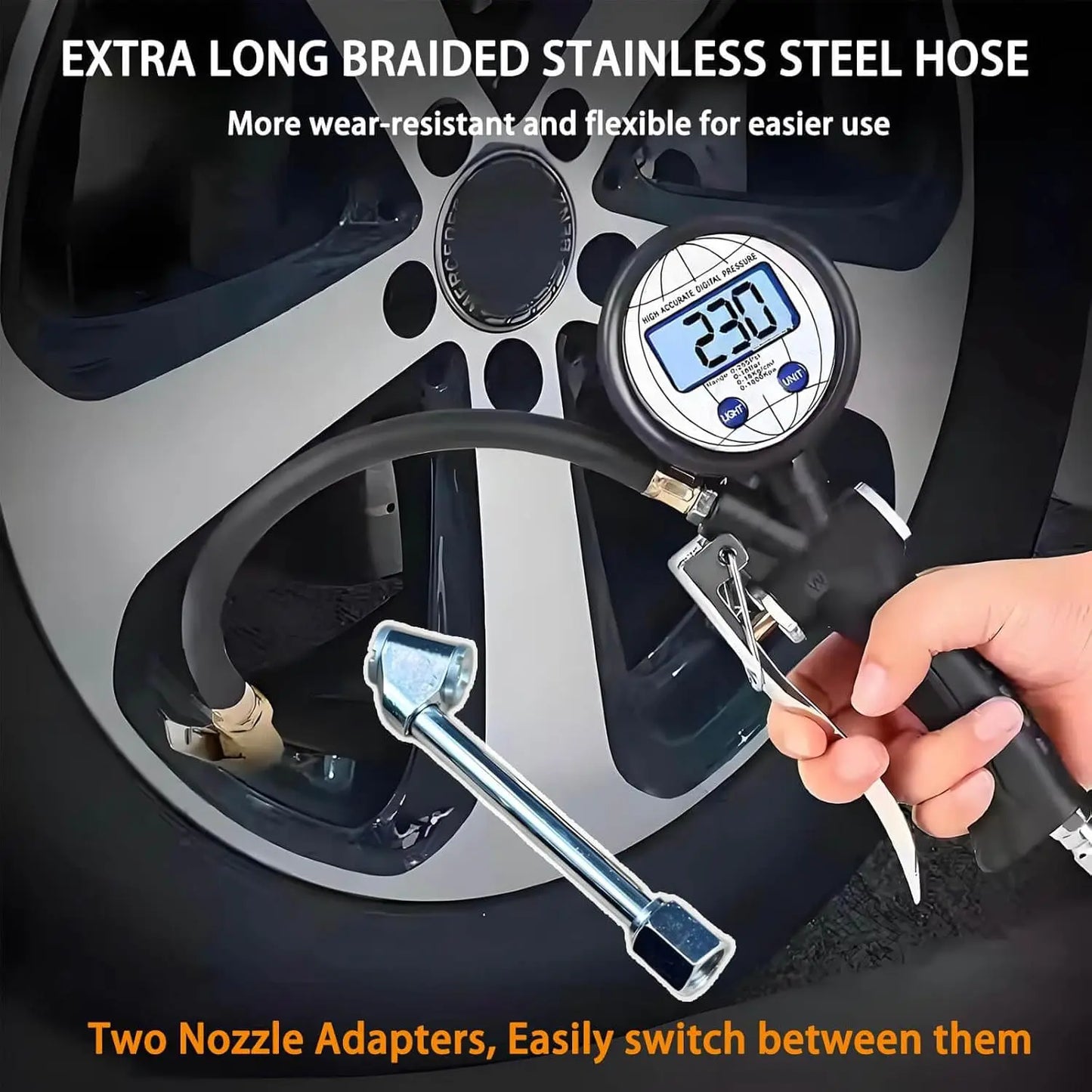 Digital Tire Inflator with Pressure Gauge,255 PSI Air Chuck, Heavy Duty, 0.1 Display Resolution, Car Accessories, Includes Defla