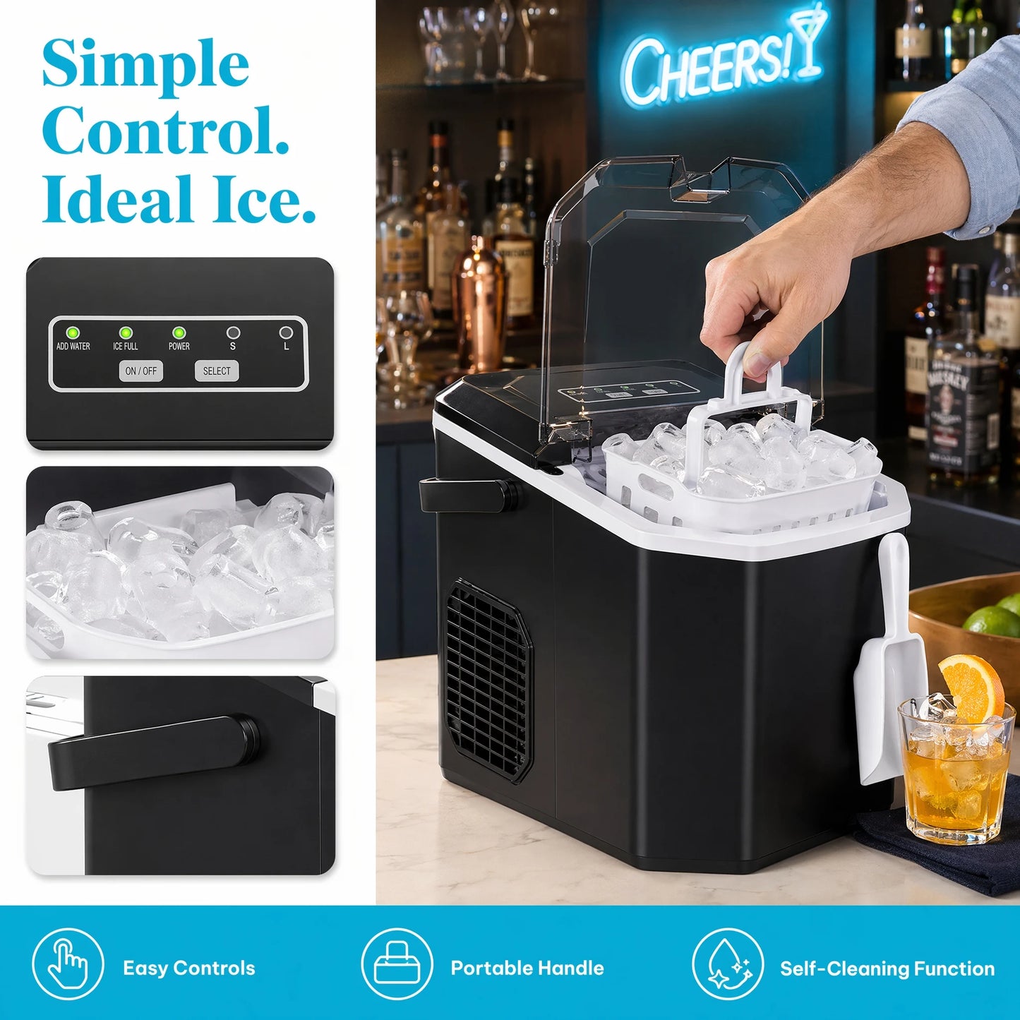 Ice Maker Countertop Machine with Handle, 26lbs in 24h, 9 Ice Cubes Ready in 6 Mins, Self-Cleaning Ice Makers with Basket and Scoop, Ideal for Home, Kitchen, Camping, RV