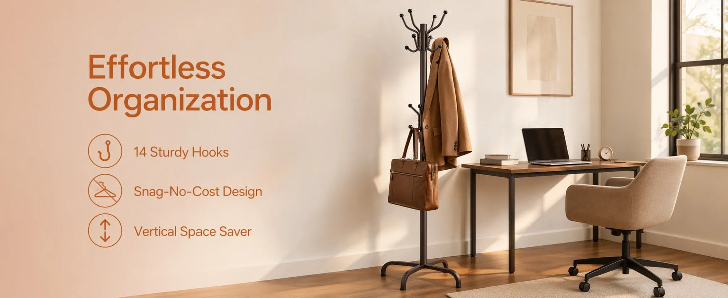 1/2Pcs Coat Rack with 14 Hooks, Freestanding Coat Rack Stand for Entryway, Hallway, Bedroom, and Office, Metal Coat Tree & Hat Rack for Coats, Hats, and Bags
