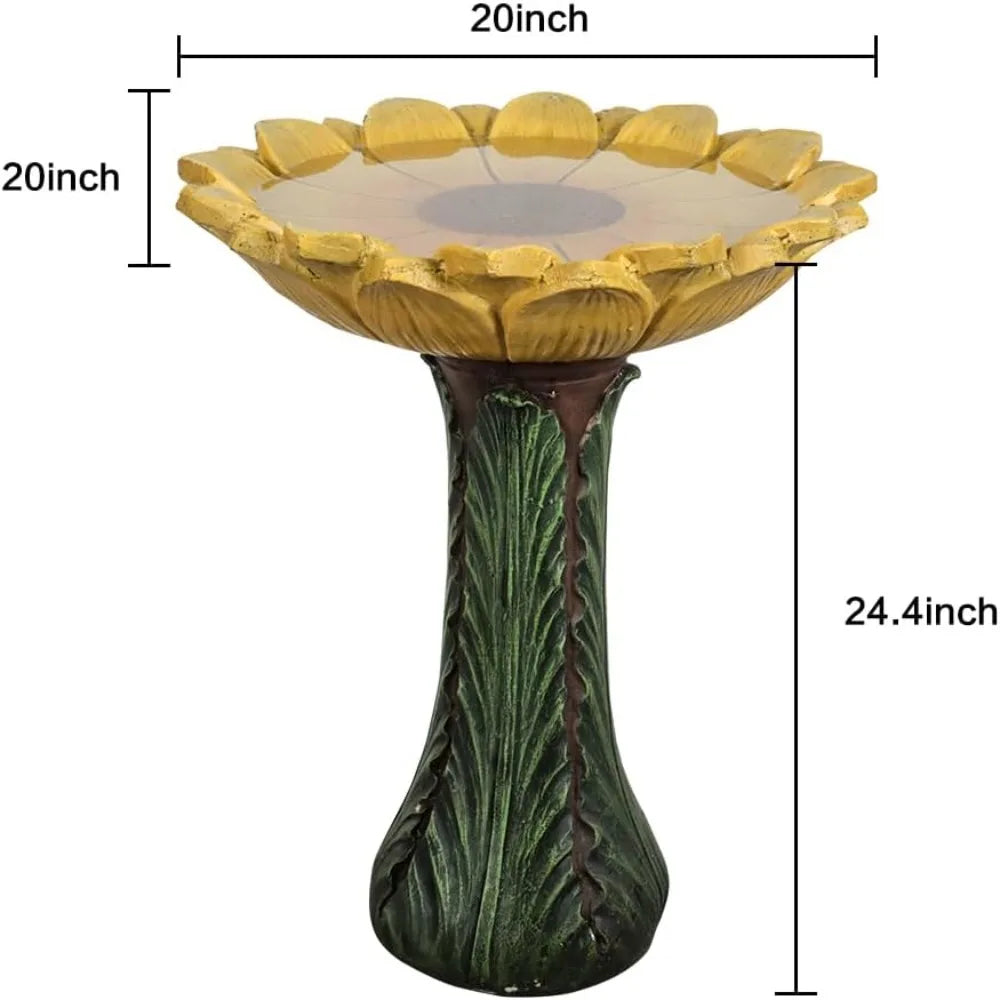 24.4” Tall Outdoor Concrete Bird Bath - Sunflower Birdbath Bowl with Green Leaf Pedestal for Garden, Patio, Lawn