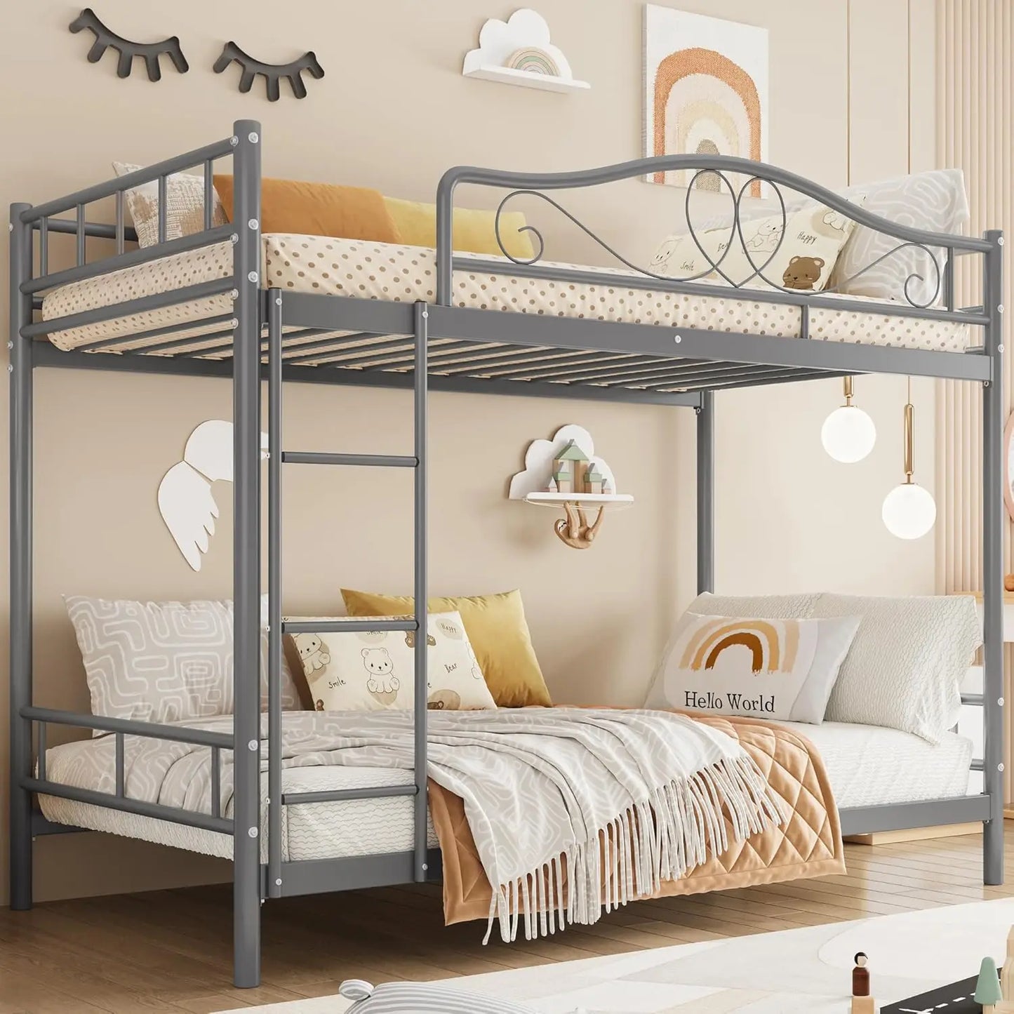 Bunk Bed Twin Over Twin with Ladder & Full Safety Guardrail, Heavy Duty Metal Twin Over Twin Bunk Bed 400 Lbs Load Capacity, Space-Saving, Noise Free, No Box Spring Needed, Easy Assembly, P