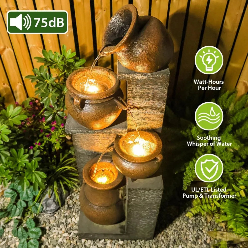 Cascading Modern Water Fountain with Warm Lights for Garden