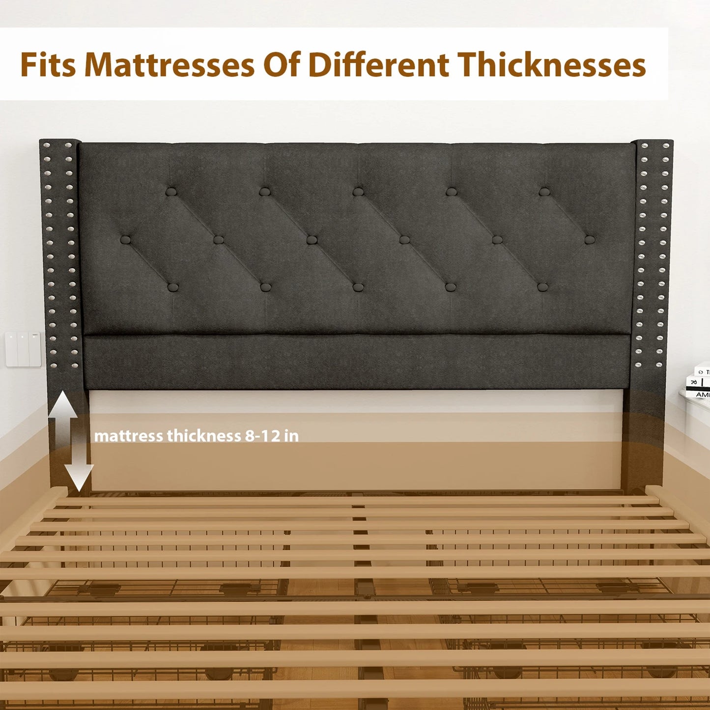 81.50×55.12×48.43inch Full Size Bed Frame w Upholstered Button Tufted Headboard Wood Slat Support Metal Platform Bed Frame