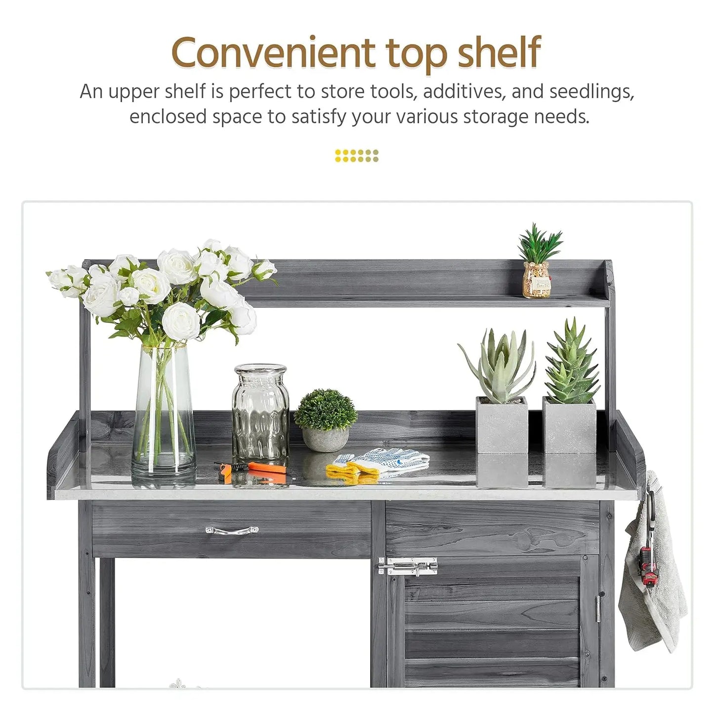 Outdoor Garden Workbench, Garden Worktable with Metal Tabletop, Cabinet Drawers, Open Countertop, Customizable