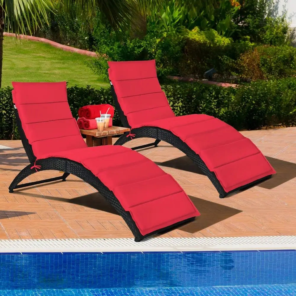 2PCS olding Rattan Lounge Chair Outdoor, Patio Wicker Chaise Lounge with Sot Cushion, Ergonomic Support Shaped, Portable Pool Lo