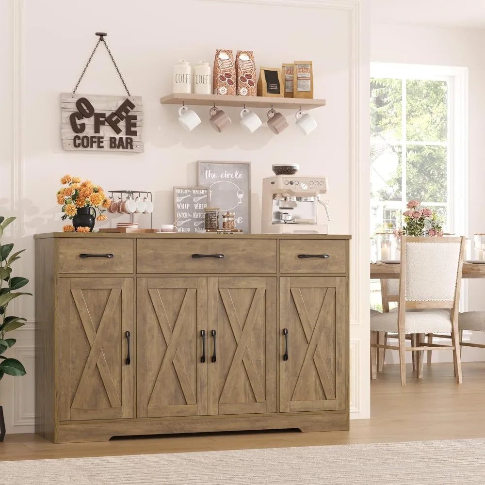 HOSTACK Kitchen Buffet Cabinet with Doors & Drawers, 55"W Farmhouse Sideboard, Adjustable Shelves