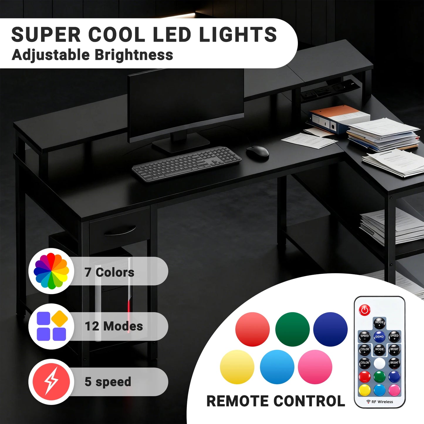 JHK L Shaped Gaming Desk with USB Charging Ports & LED Lights Reversible Desks Computer Gamer Table for Home Office Small Space