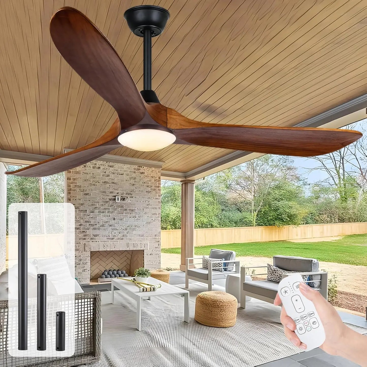 52/60/70-inch Ceiling Fan with Light and Remote 3 Wood Blades High CFM Dimmable LED Noiseless Reversible DC Fans for Bedroom