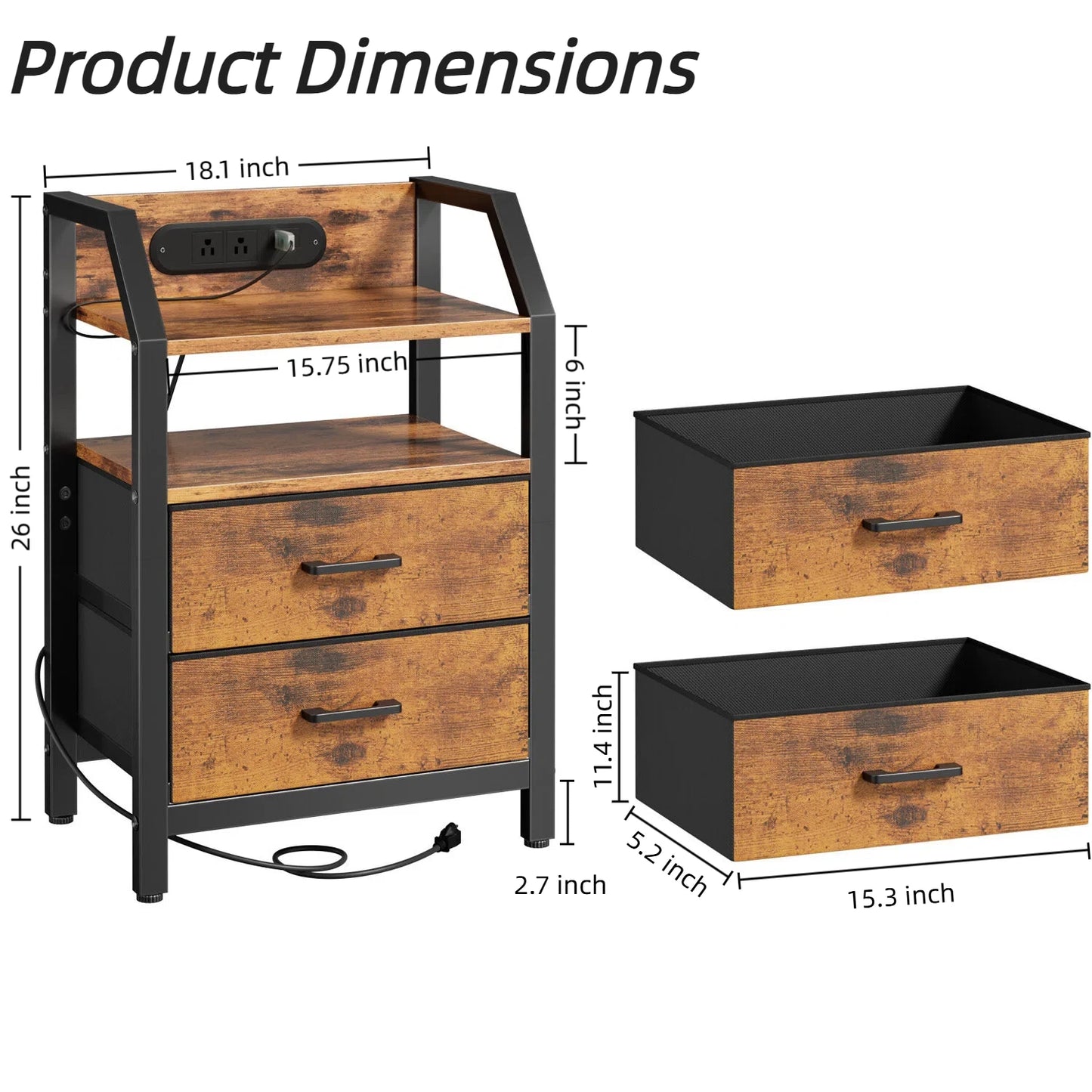 Frodrovia Nightstand With LED Light Charging Station And Drawers