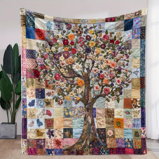 Cozy Colorful Floral Tree Patchwork Flannel Quilt - Soft, All-Season for Sofa, Bed, Car, Office, Camping Travel - Vintage Style