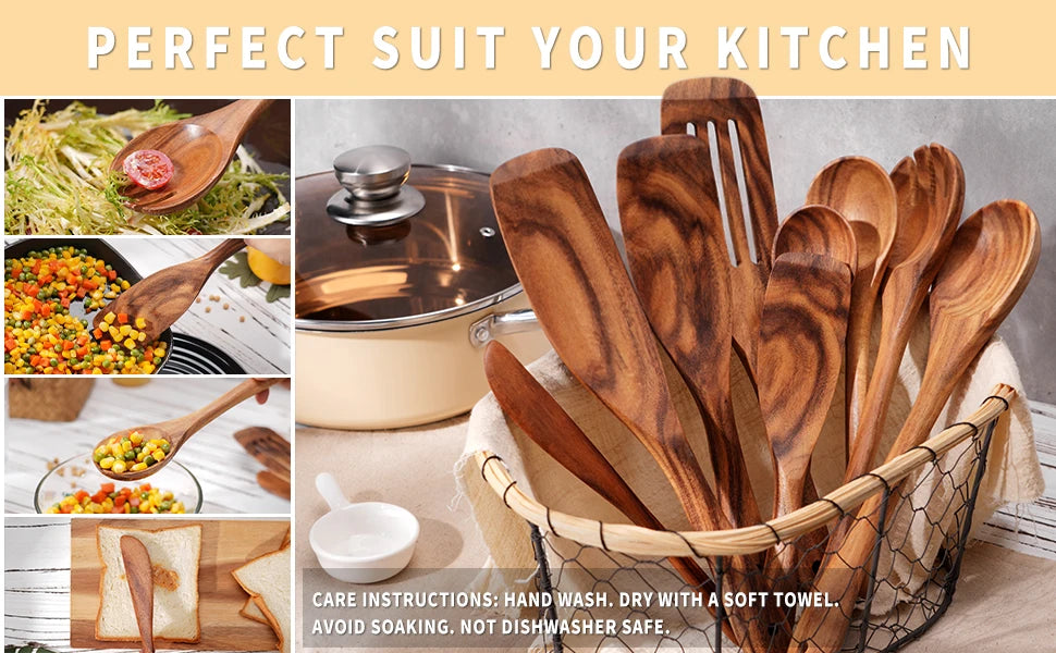 9 PCS Kitchen Utensils Set, Wooden Spoons for Cooking, Wooden Utensils for Cooking - Handmade Wooden Spoon Set