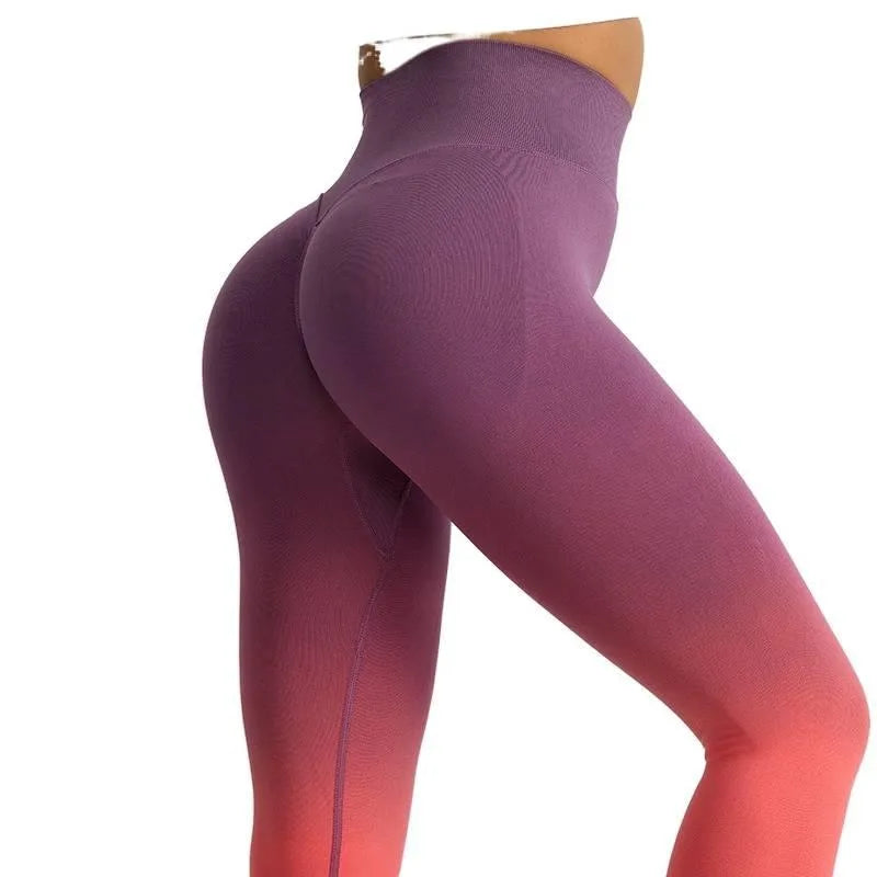 High Waist Color Gradient Yoga Pants Women Seamless Knit Gym Leggings Quick Dry Breathable Workout Tights Scrunch Butt Lift Peach Hip Long Fitness Pants for Cycling Training Activewear