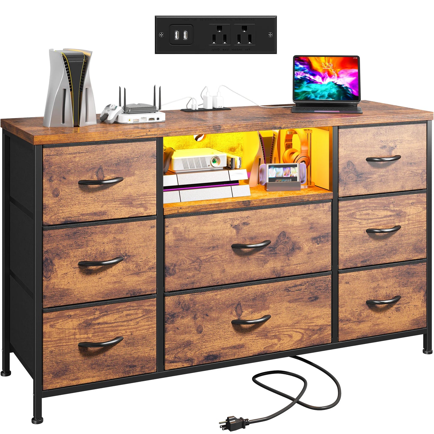 EnHomee 8-Drawer Media Dresser with LED Lighting & Built-in Charging Station - Fabric Storage Cabinet for 55" TVs, Ideal for Bedroom
