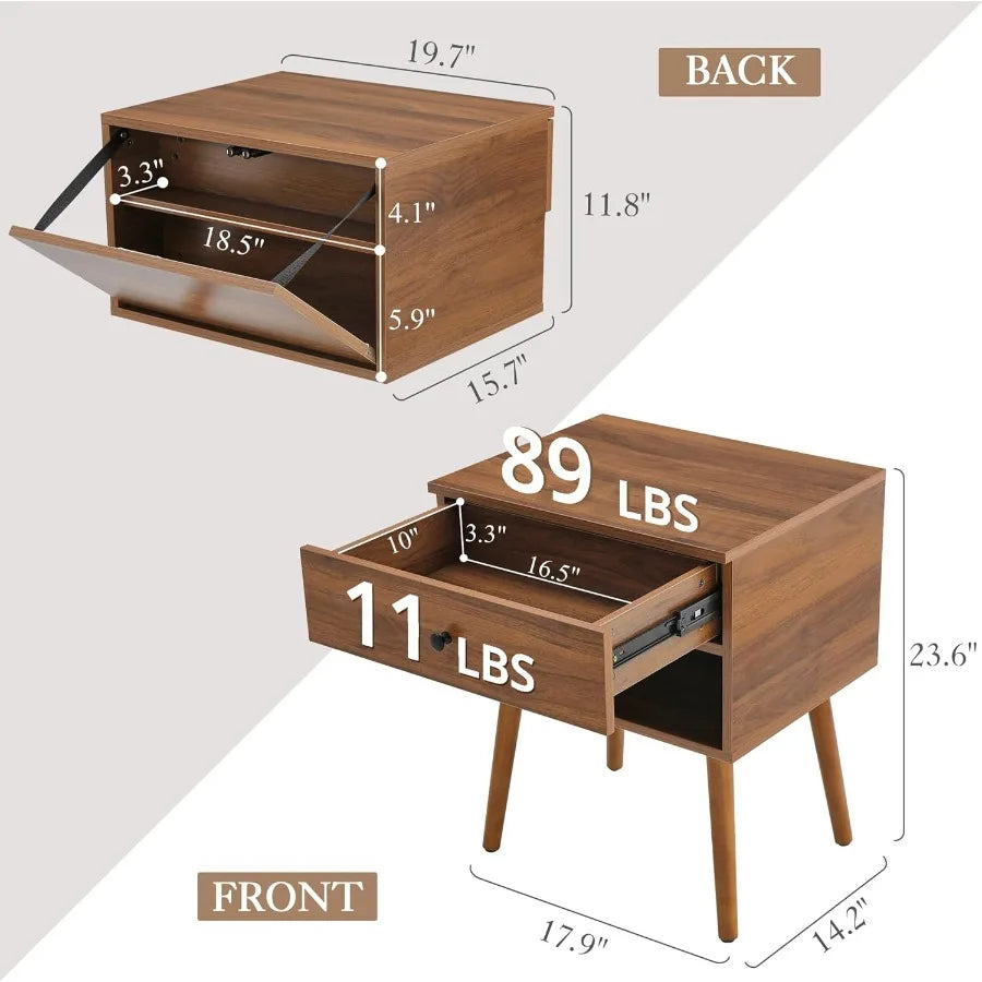 Mid Century Modern Hidden Compartment Night Stand Set with Wood Legs 2-Piece End Table with Storage Drawer for Bedroom in Walnu