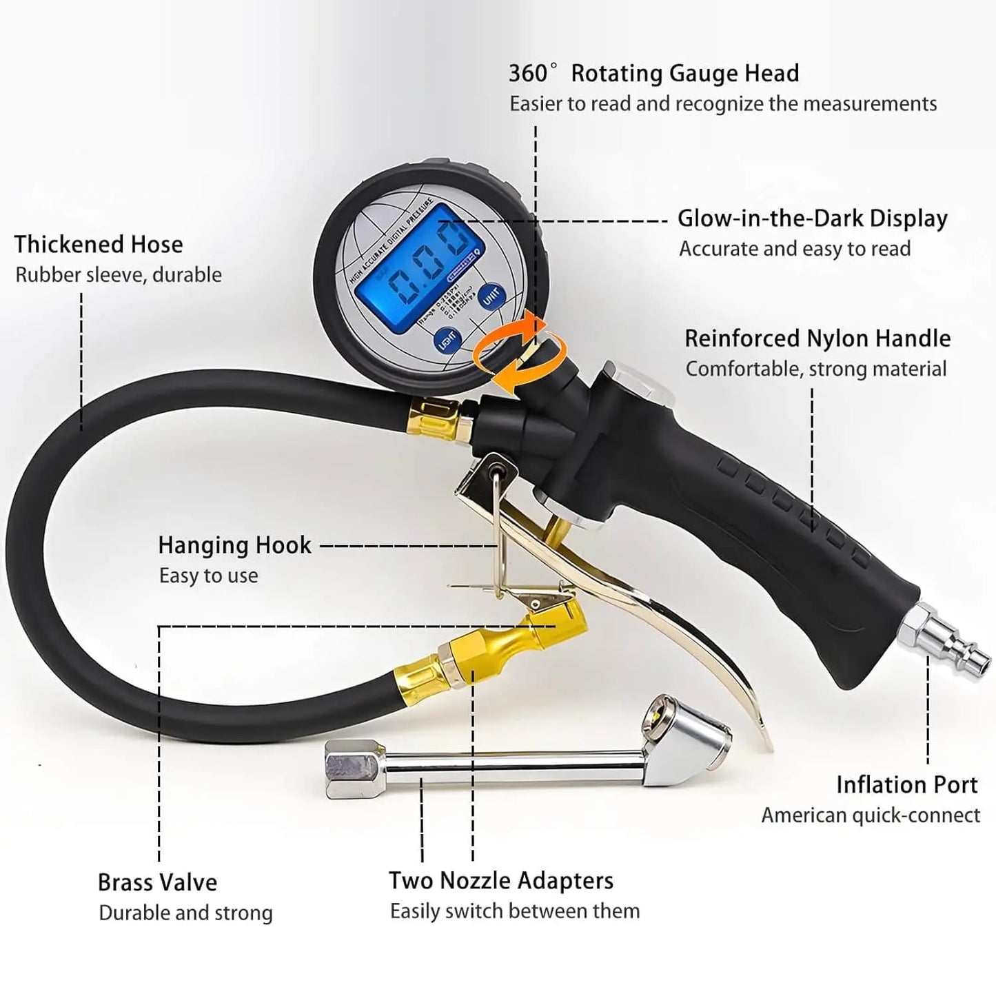 Digital Tire Inflator with Pressure Gauge,255 PSI Air Chuck, Heavy Duty, 0.1 Display Resolution, Car Accessories, Includes Defla