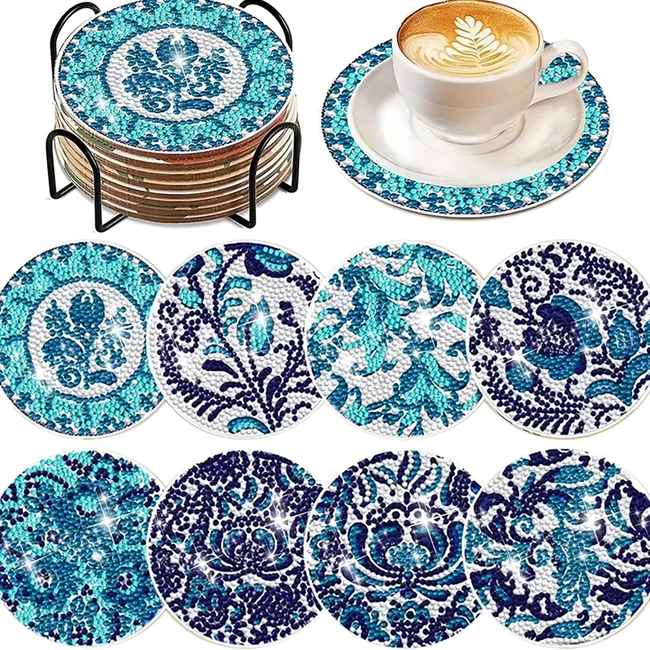 8 pieces/set animal horse pattern diamond painted coaster set with holder DIY coaster beginner coaster, craft supplies gift